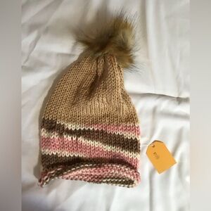 NWT Stylish Tan, Pink, Cream and Dark Brown Knit Pom-Pom Beanie Unisex Hat
